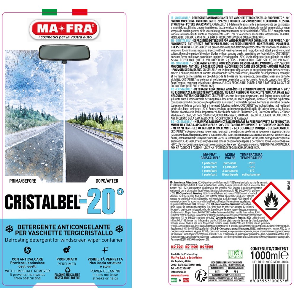 Cristalbel -20° – Liquido Antigelo per Vaschette Tergicristallo 1000 ml