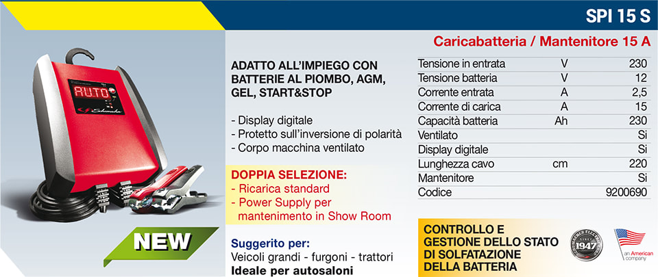 SPI 15 S Caricabatterie e mantenitore 12V 15A Stayer Energy Schumacher