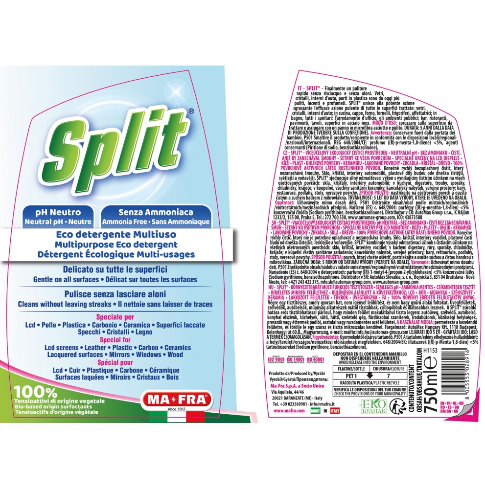 Split Eco – Detergente Multisuperficie Ecologico con Tensioattivi Vegetali 750 ml