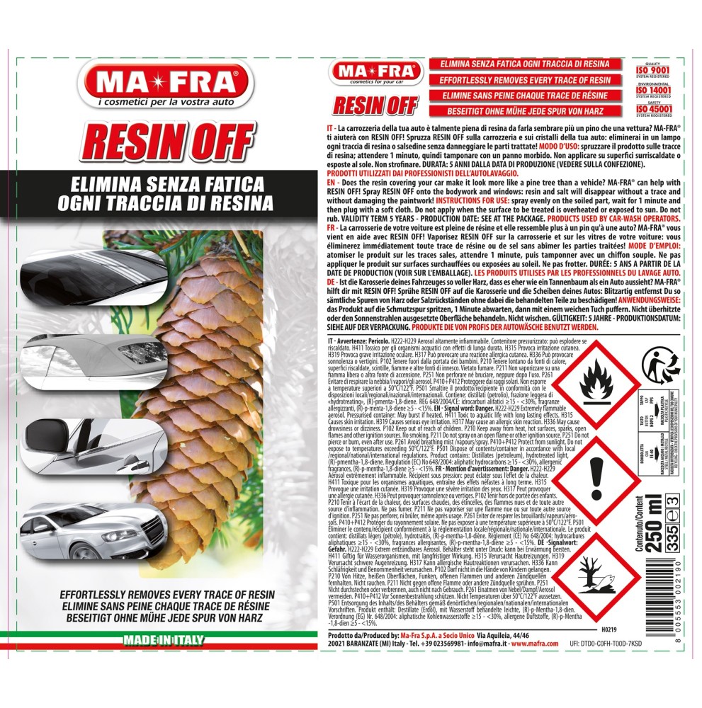 Resin Off – Rimuovi Resina e Salsedine per Carrozzeria e Vetri 250 ml